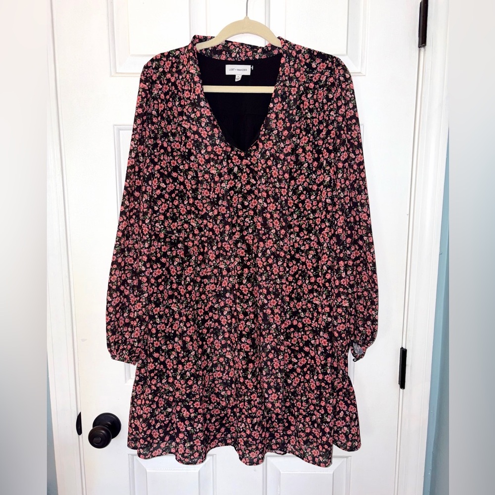 Lost + Wander Black & Pink Floral Babydoll Mini Dress